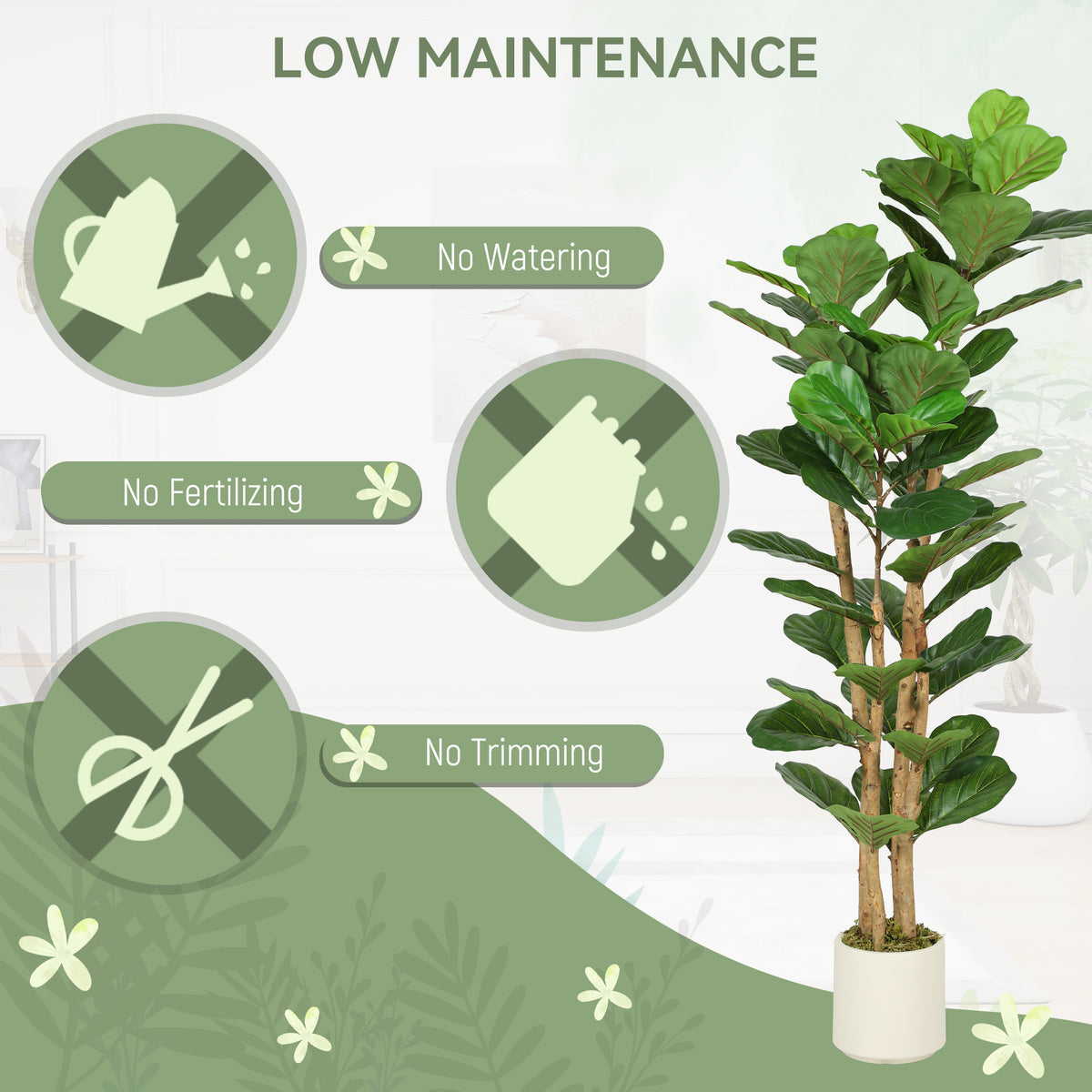 5FT Artificial Fiddle Leaf Fig Tree, Fake Potted Tree with Solid Wood Trunks for Indoor Decor, Green-Artificial Trees-DECOROLALA