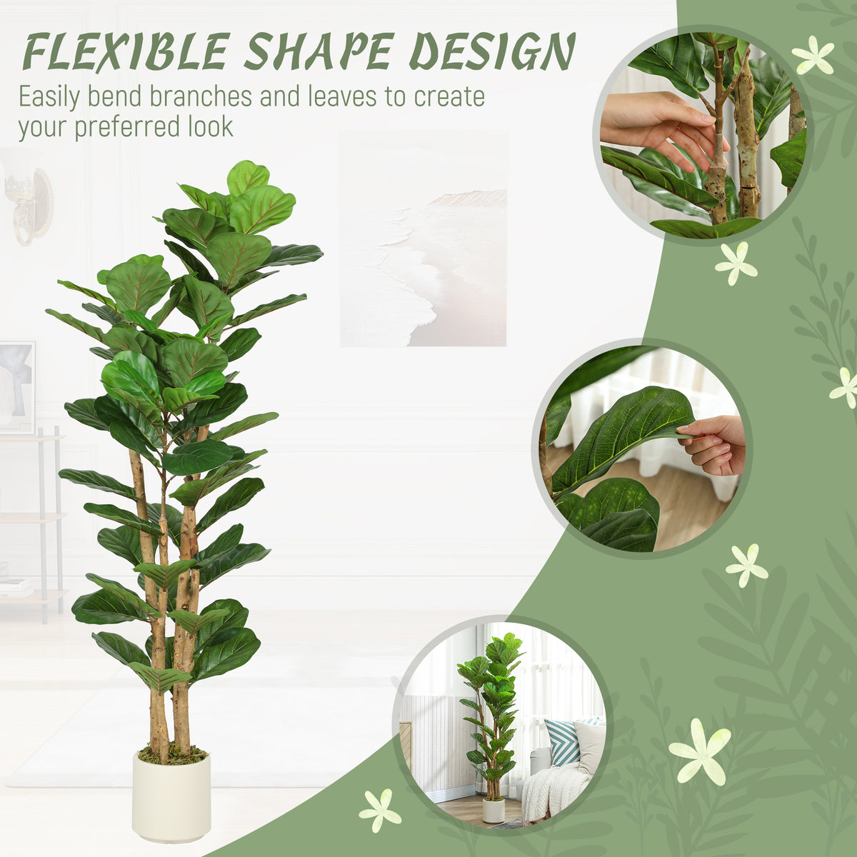 5FT Artificial Fiddle Leaf Fig Tree, Fake Potted Tree with Solid Wood Trunks for Indoor Decor, Green-Artificial Trees-DECOROLALA