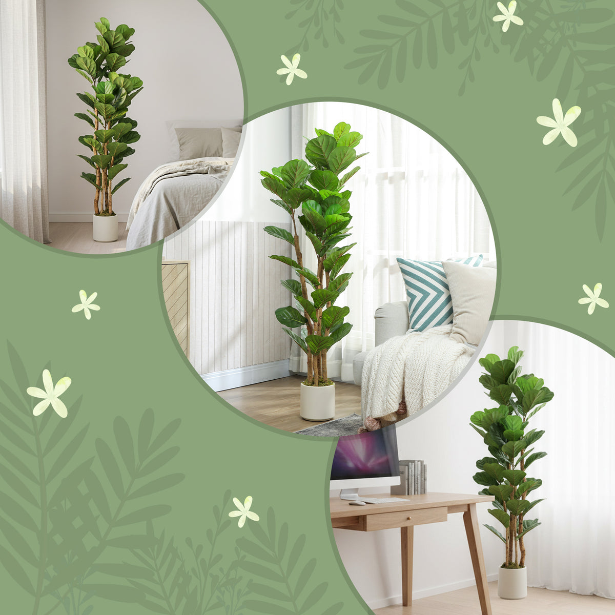 5FT Artificial Fiddle Leaf Fig Tree, Fake Potted Tree with Solid Wood Trunks for Indoor Decor, Green-Artificial Trees-DECOROLALA