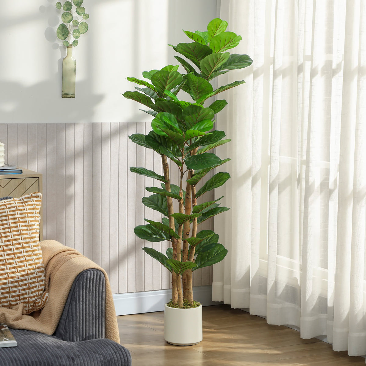 5FT Artificial Fiddle Leaf Fig Tree, Fake Potted Tree with Solid Wood Trunks for Indoor Decor, Green-Artificial Trees-DECOROLALA
