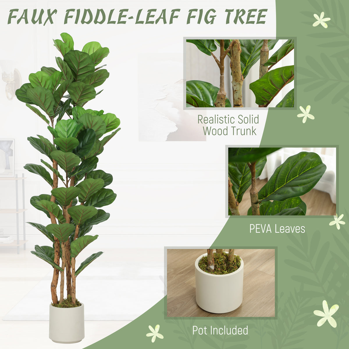 5FT Artificial Fiddle Leaf Fig Tree Set of 2, Fake Potted Tree with Solid Wood Trunks for Indoor Decor, Green-Artificial Trees-DECOROLALA