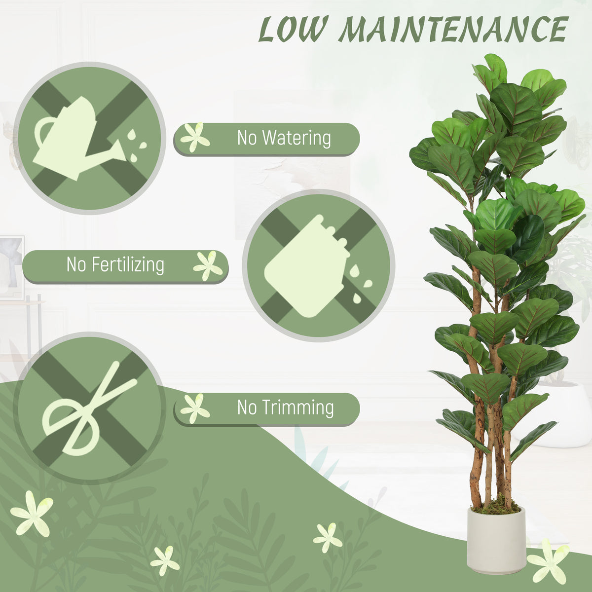 5FT Artificial Fiddle Leaf Fig Tree Set of 2, Fake Potted Tree with Solid Wood Trunks for Indoor Decor, Green-Artificial Trees-DECOROLALA
