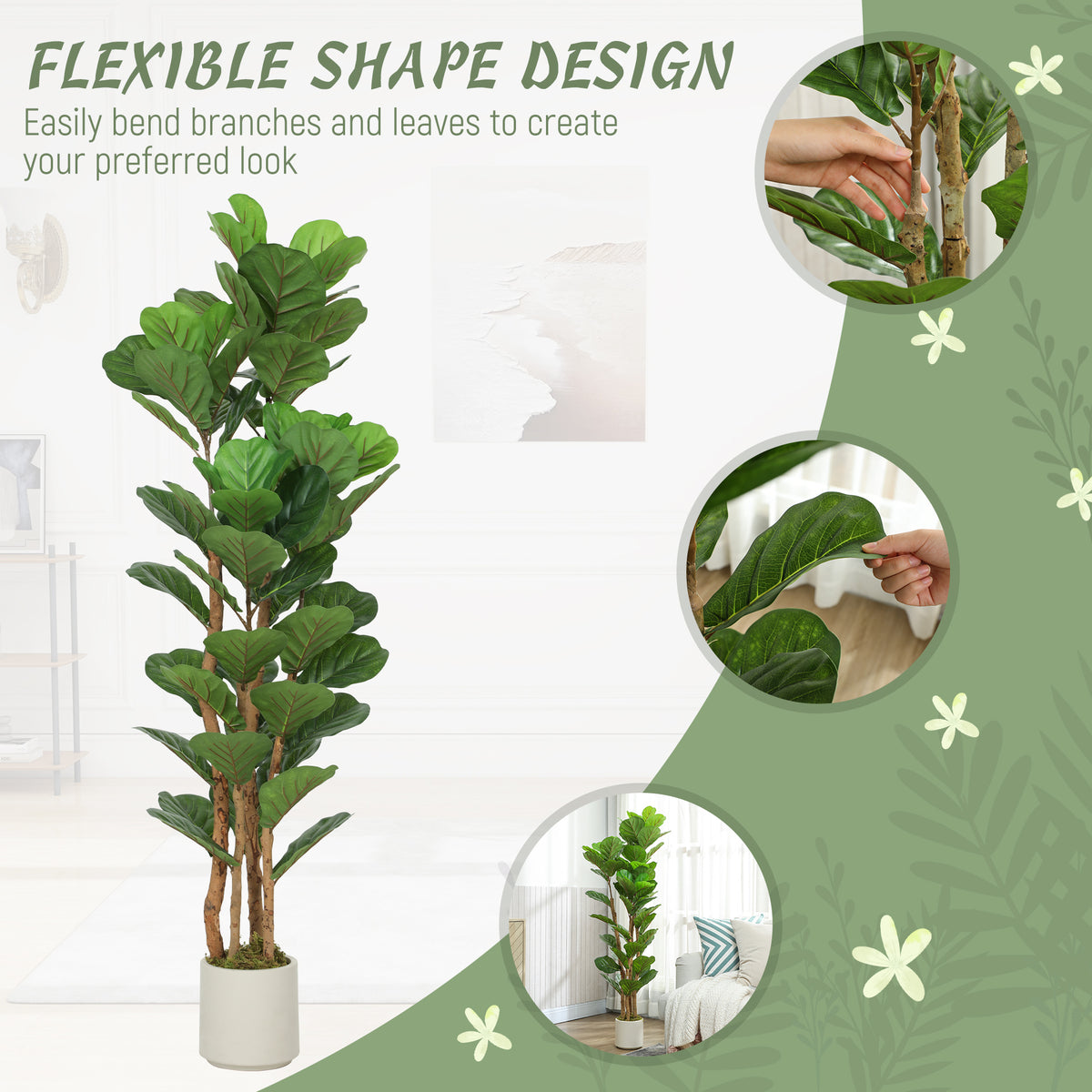 5FT Artificial Fiddle Leaf Fig Tree Set of 2, Fake Potted Tree with Solid Wood Trunks for Indoor Decor, Green-Artificial Trees-DECOROLALA