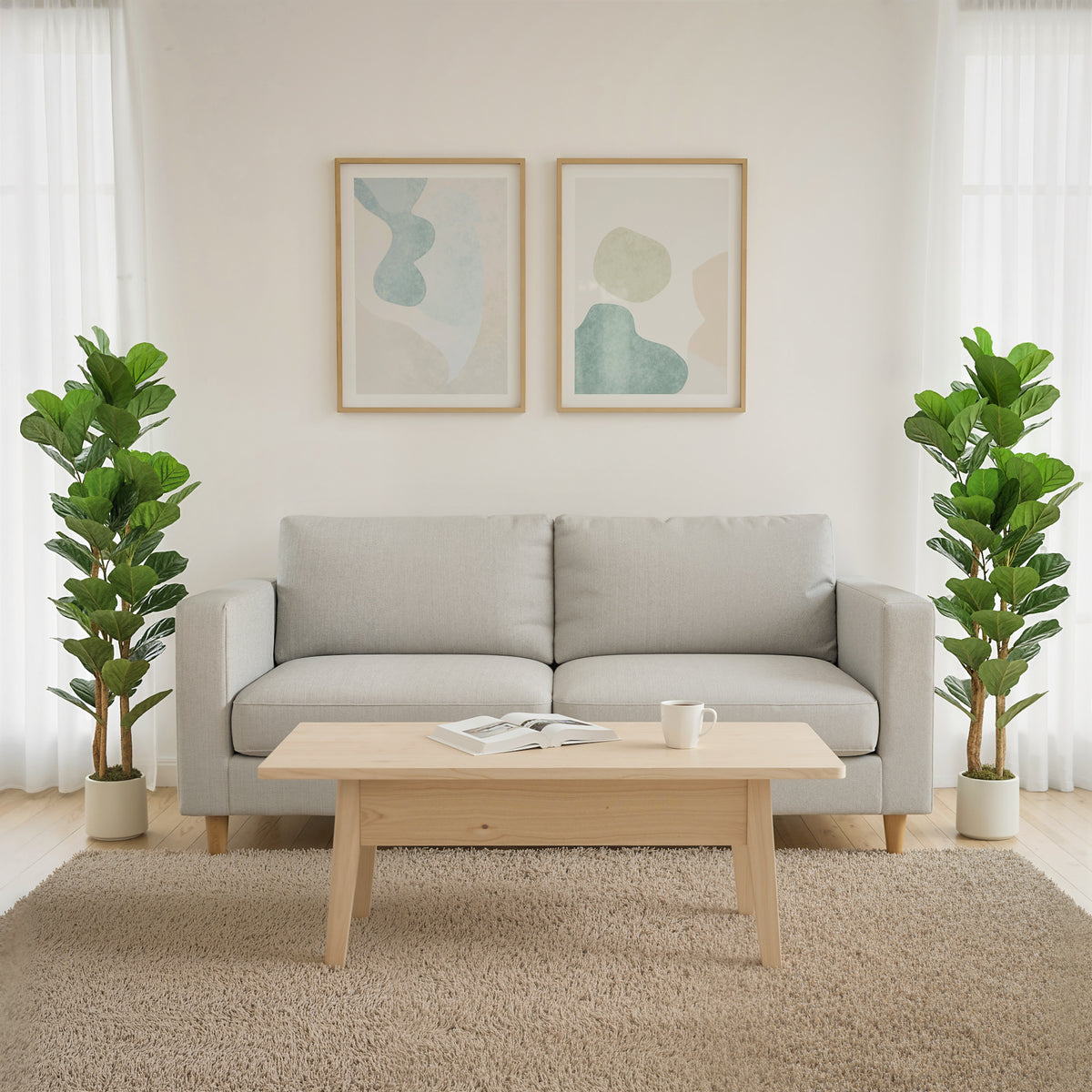 5FT Artificial Fiddle Leaf Fig Tree Set of 2, Fake Potted Tree with Solid Wood Trunks for Indoor Decor, Green-Artificial Trees-DECOROLALA