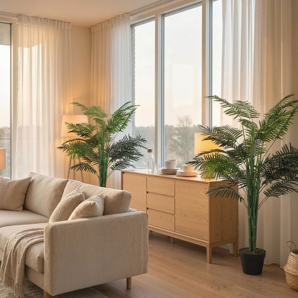 5FT Artificial Palm Tree Set of 2, Fake Tropical Tree with Lifelike Leaves, Faux Plant in Pot for Indoor Decoration, Green-Artificial Trees-DECOROLALA