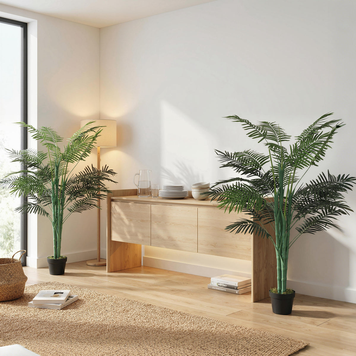 5FT Artificial Palm Tree Set of 2, Fake Tropical Tree with Lifelike Leaves, Faux Plant in Pot for Indoor Decoration, Green-Artificial Trees-DECOROLALA