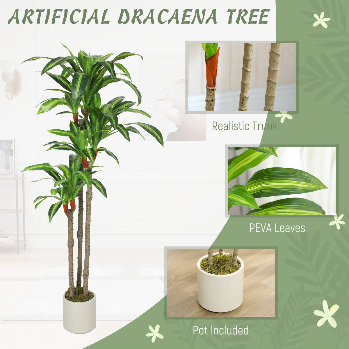 5FT Dracaena Fake Plant, Artificial Plant with Bendable Trunks for Home Office Decor, Green-Artificial Trees-DECOROLALA