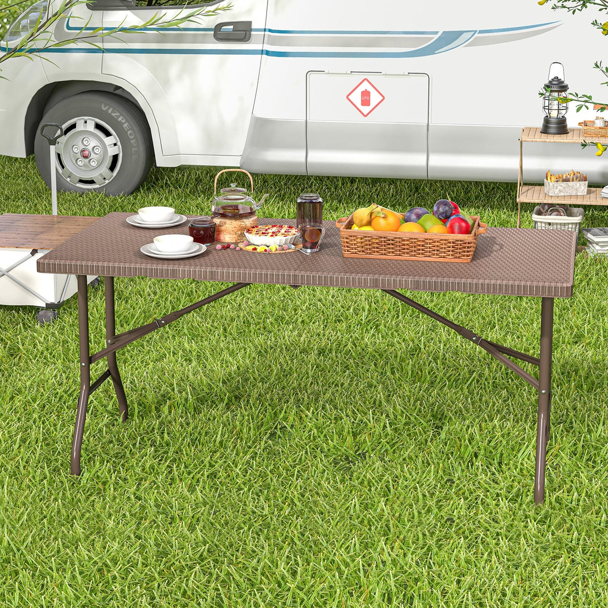 5FT Folding Picnic Table with Rattan Grain HDPE Tabletop and Sturdy Metal Fame-Coffee-Picnic Tables-DECOROLALA