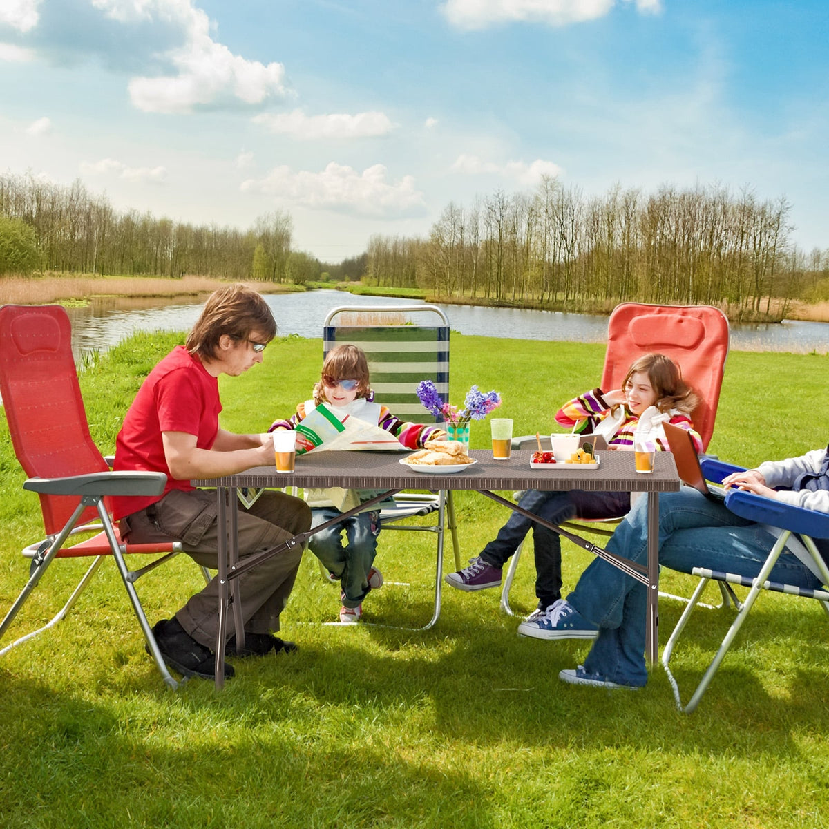 5FT Folding Picnic Table with Rattan Grain HDPE Tabletop and Sturdy Metal Fame-Coffee-Picnic Tables-DECOROLALA