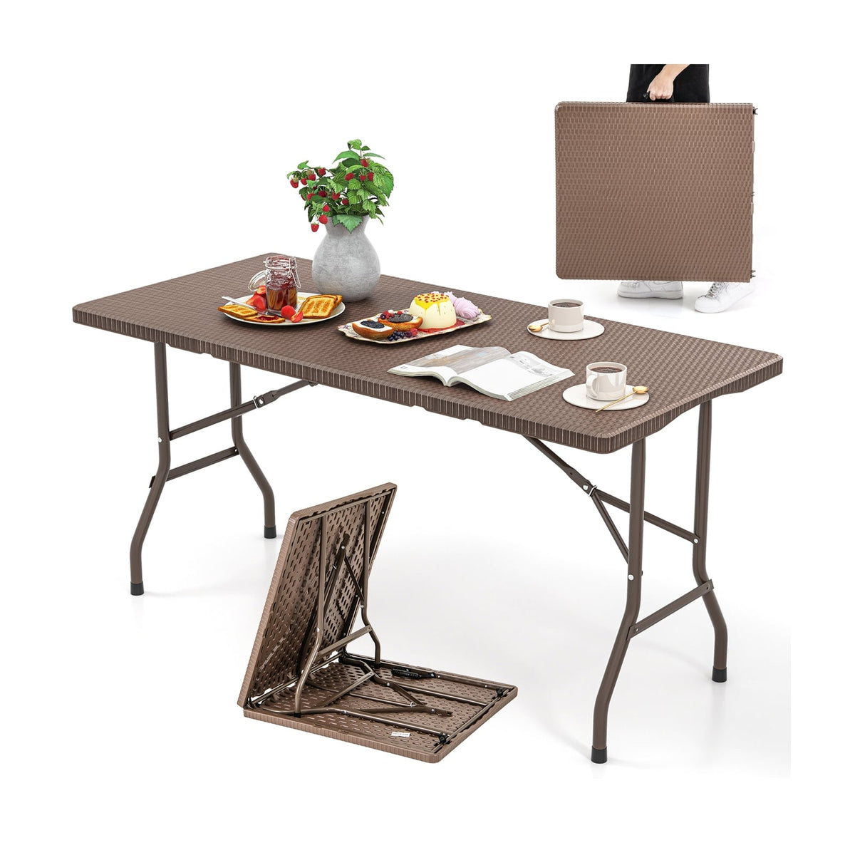 5FT Folding Picnic Table with Rattan Grain HDPE Tabletop and Sturdy Metal Fame-Coffee-Picnic Tables-DECOROLALA