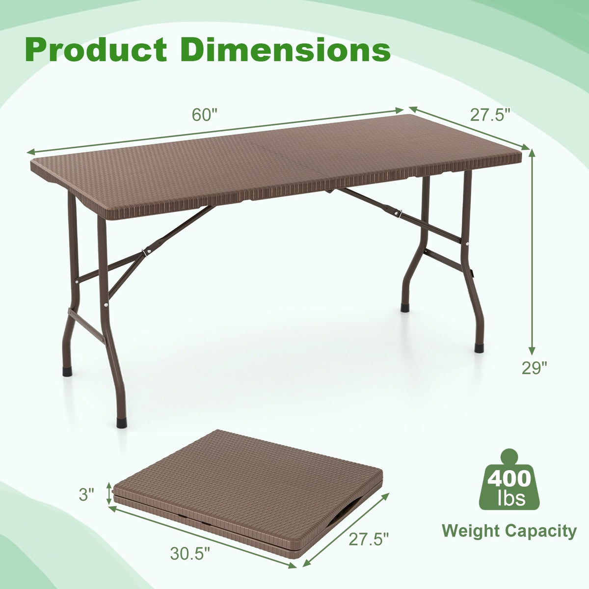 5FT Folding Picnic Table with Rattan Grain HDPE Tabletop and Sturdy Metal Fame-Coffee-Picnic Tables-DECOROLALA