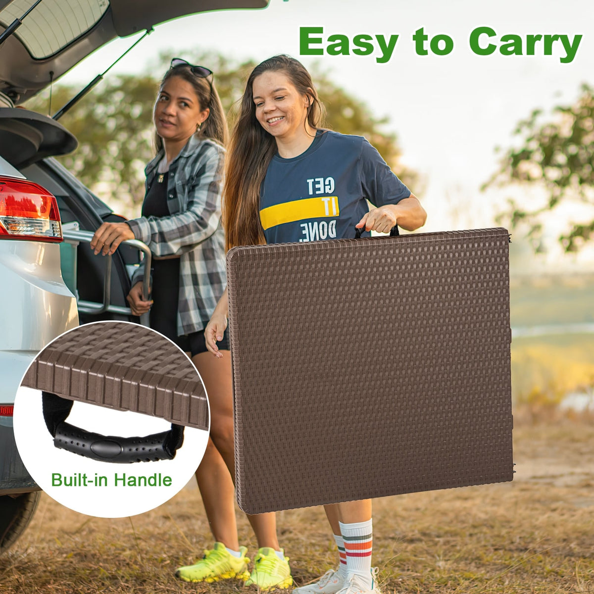 5FT Folding Picnic Table with Rattan Grain HDPE Tabletop and Sturdy Metal Fame-Coffee-Picnic Tables-DECOROLALA
