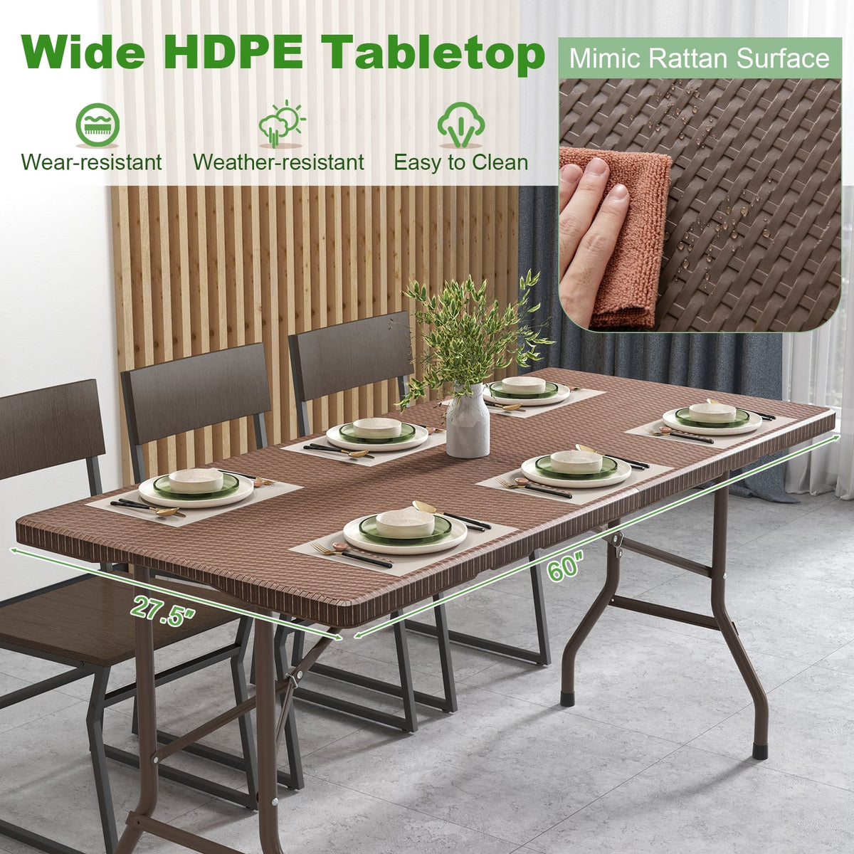 5FT Folding Picnic Table with Rattan Grain HDPE Tabletop and Sturdy Metal Fame-Coffee-Picnic Tables-DECOROLALA