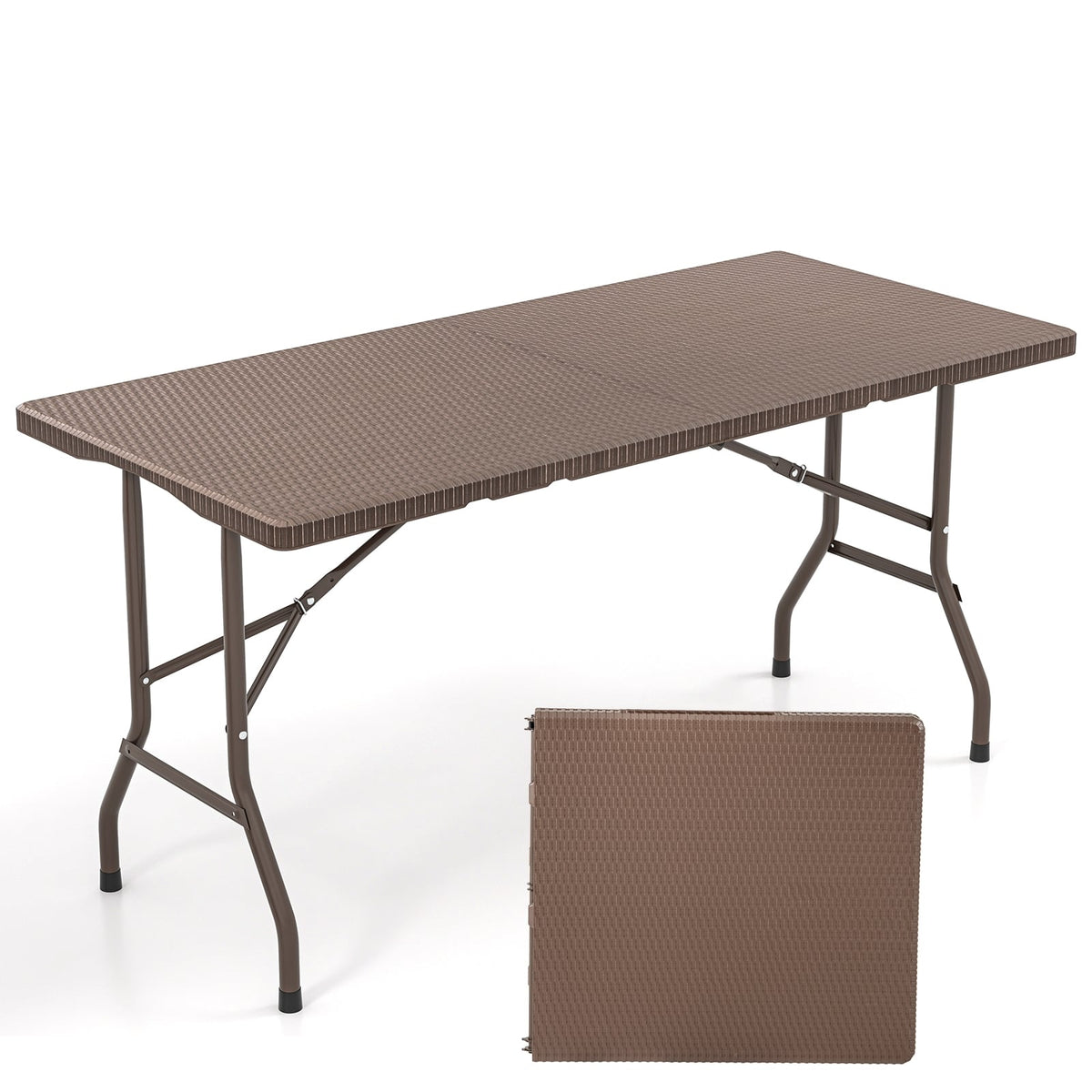 5FT Folding Picnic Table with Rattan Grain HDPE Tabletop and Sturdy Metal Fame-Coffee-Picnic Tables-DECOROLALA