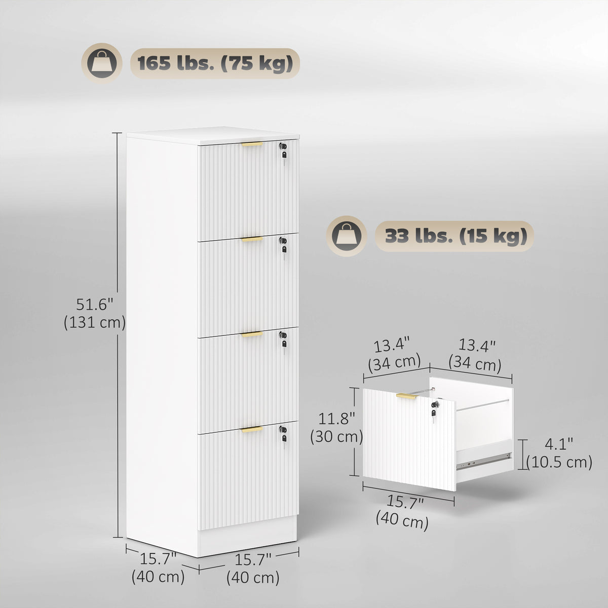 Lockable 4-Drawer Filing Cabinet - White Fluted Modern MDF