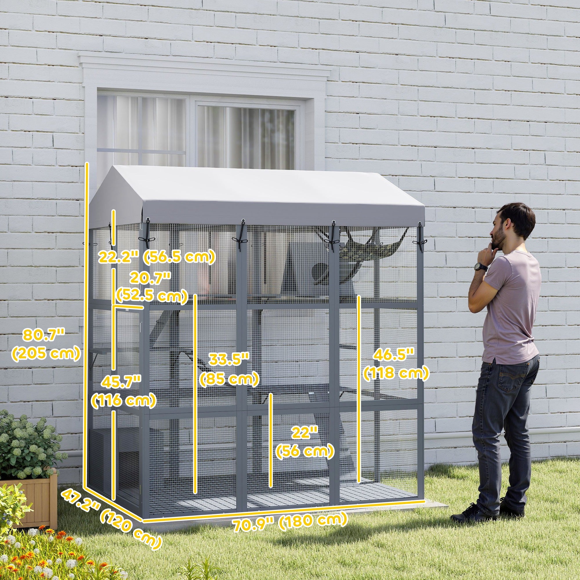 Catio extérieur de 81" de hauteur avec sol pour empêcher les fugues et faciliter le nettoyage, pour 2 à 4 chats ou chatons, gris