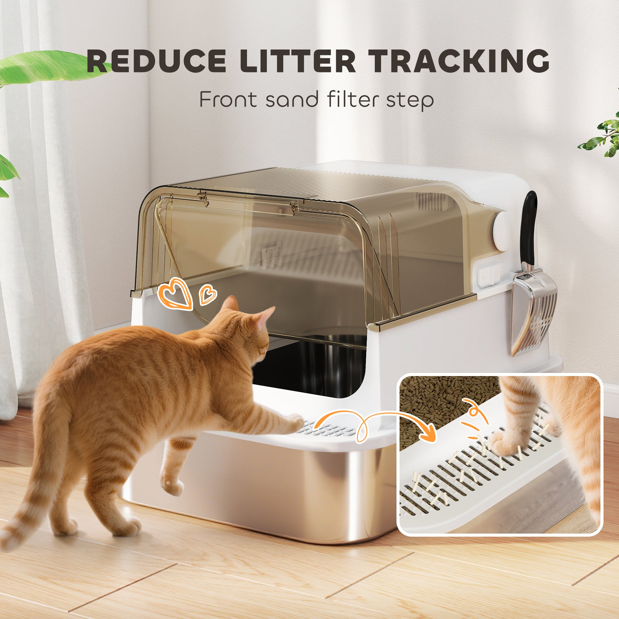 Stainless Steel Cat Litter Box, Easy-Clean Enclosure with Scoop & Flip Lid, 27.6" L x 19.7" W x 18.3" H, White