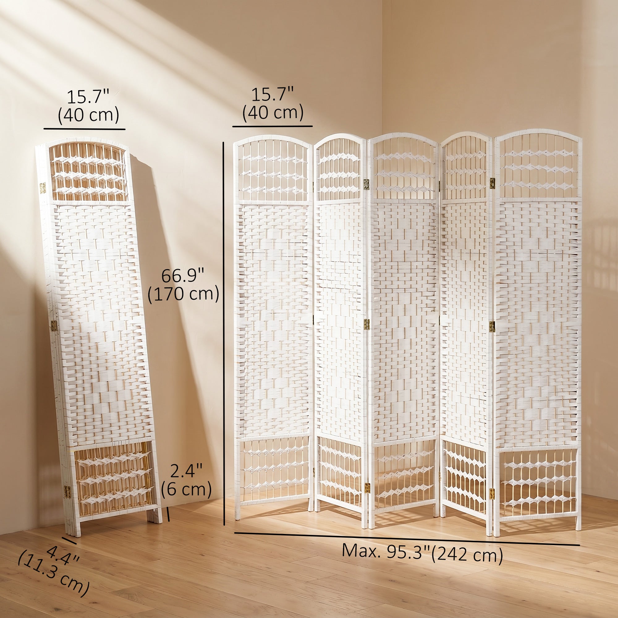 6 Panel Room Divider, 5.6 ft Tall Folding Privacy Screen, Wave Fiber Freestanding Partition Wall Divider for Home Office, White
