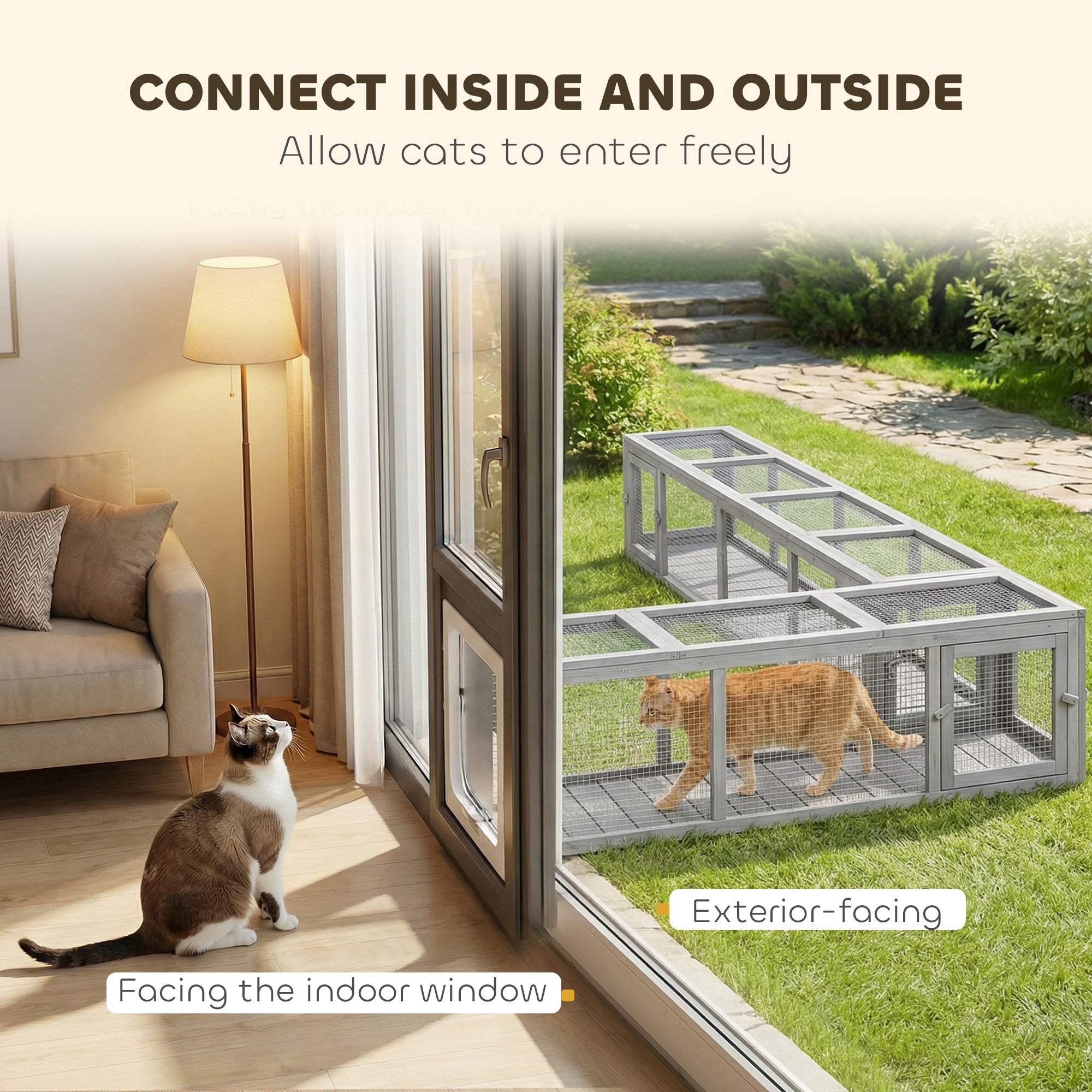 79" Long Cat Tunnel, Cat shelter L- Shape with Extendable Design for Indoor/Outdoor Use with Removable Door, Light Grey