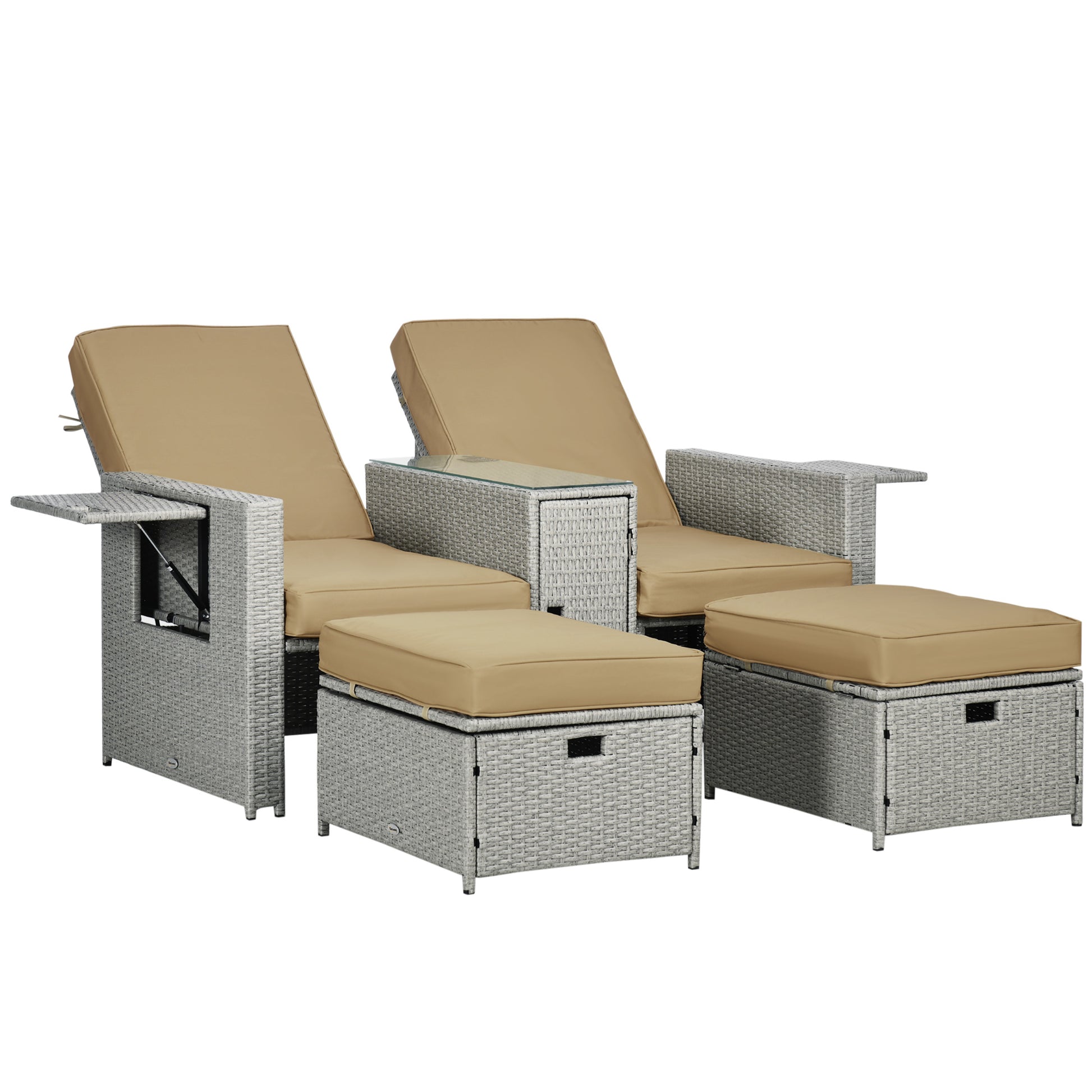 5PC Wicker Patio Lounger Set - Khaki Recliner Sofa-DECOROLALA
