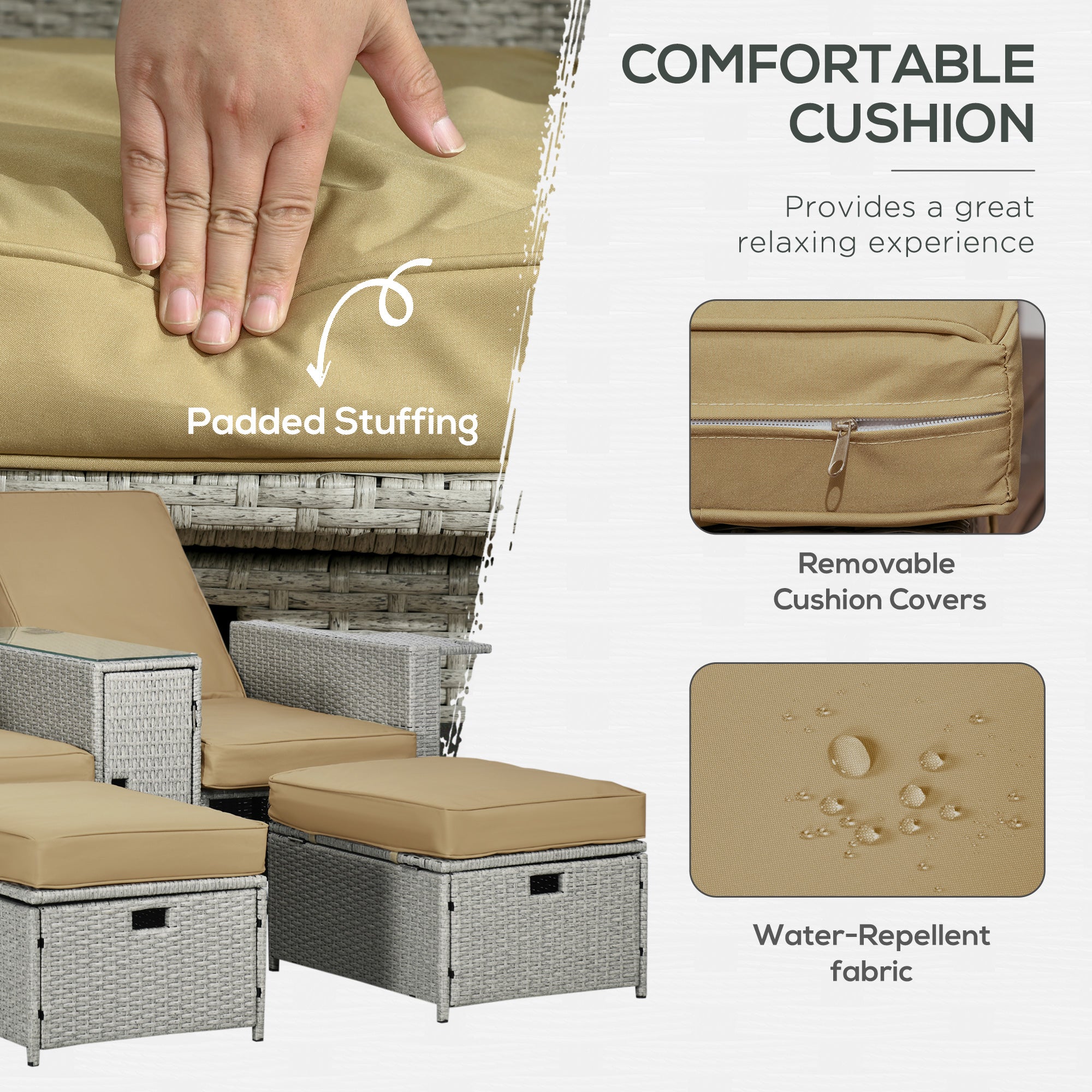 5PC Wicker Patio Lounger Set - Khaki Recliner Sofa-DECOROLALA