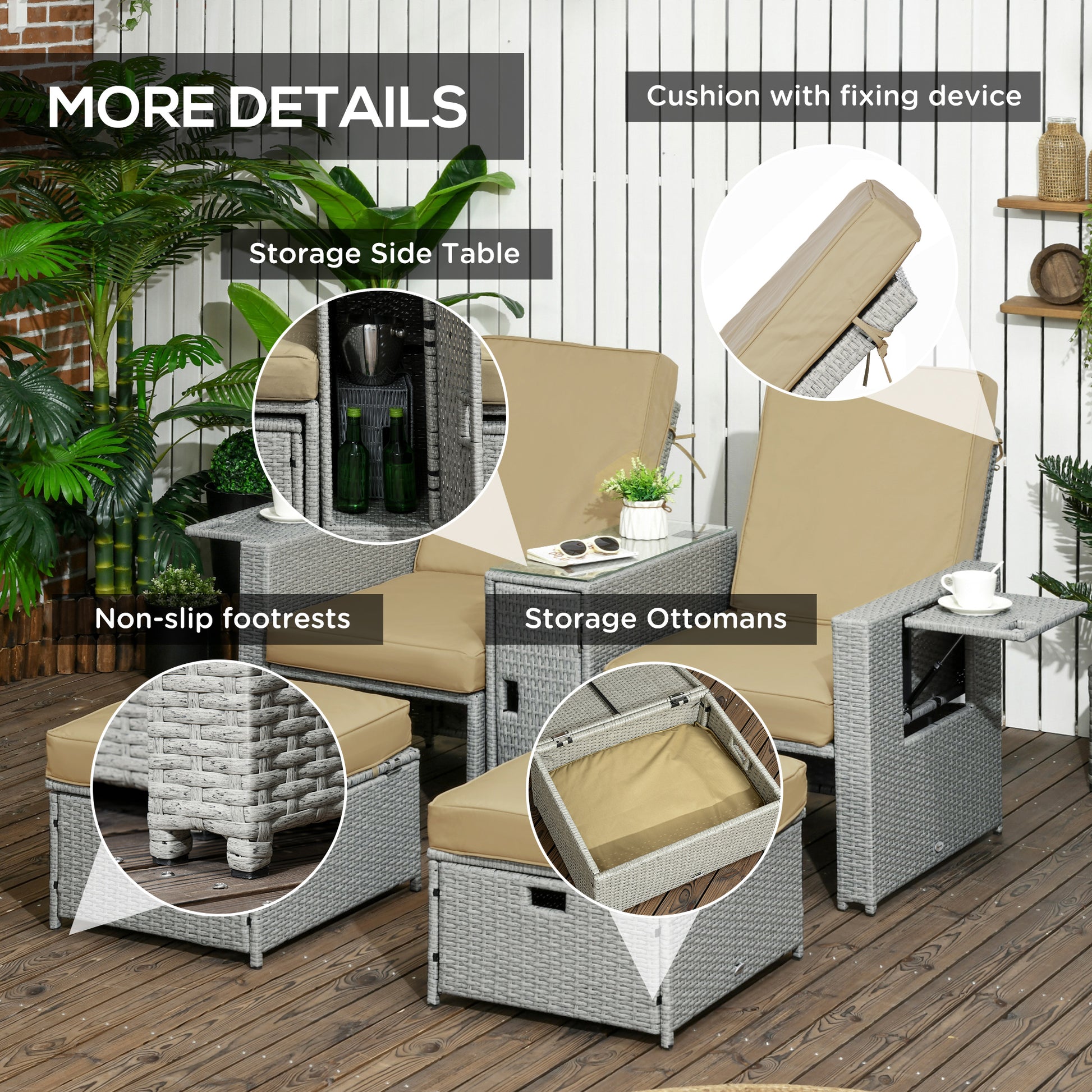 5PC Wicker Patio Lounger Set - Khaki Recliner Sofa-DECOROLALA