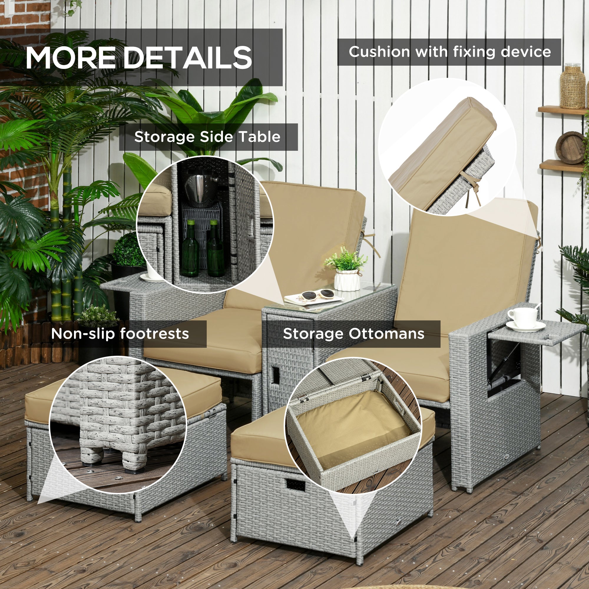 5PC Wicker Patio Lounger Set - Khaki Recliner Sofa-DECOROLALA