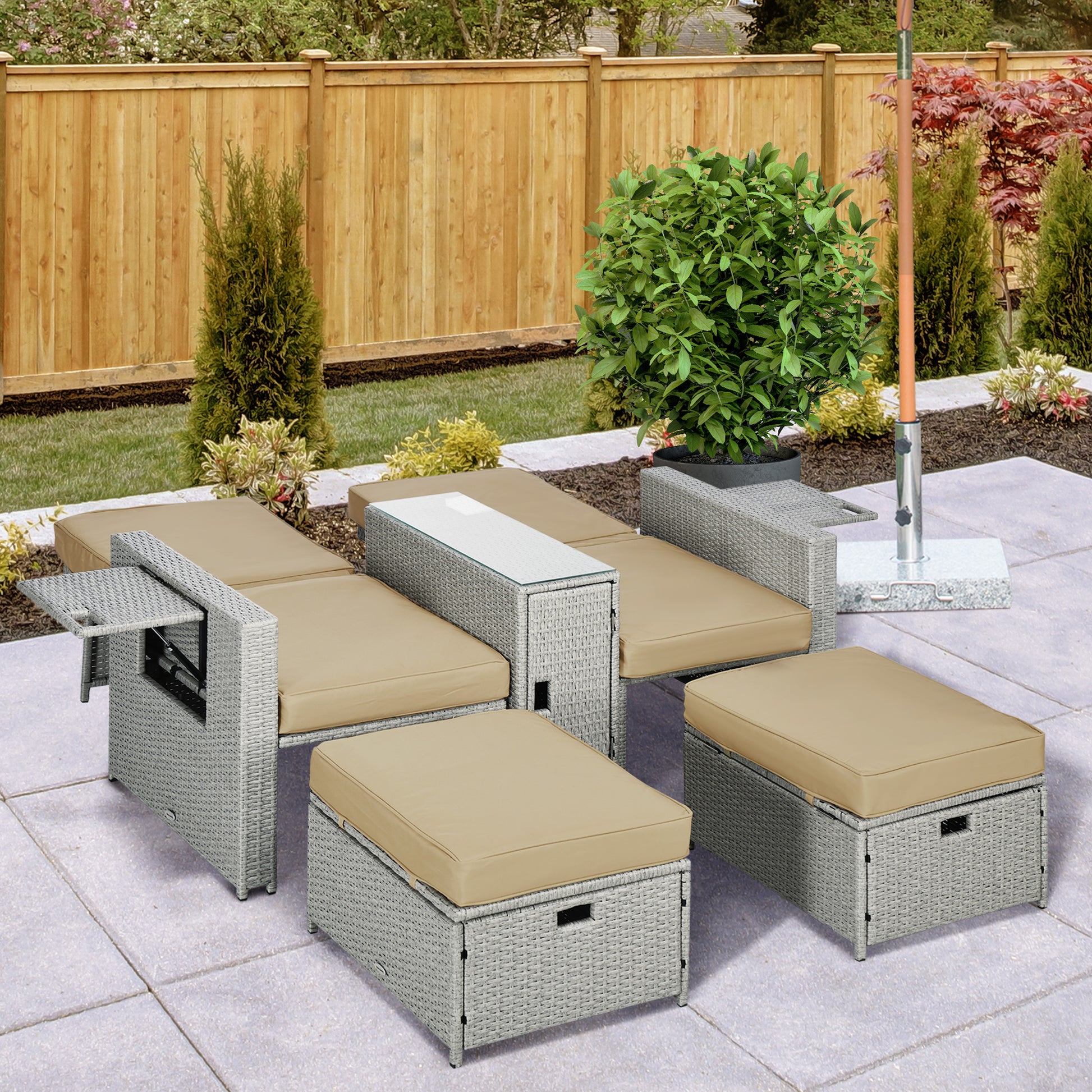 5PC Wicker Patio Lounger Set - Khaki Recliner Sofa-DECOROLALA