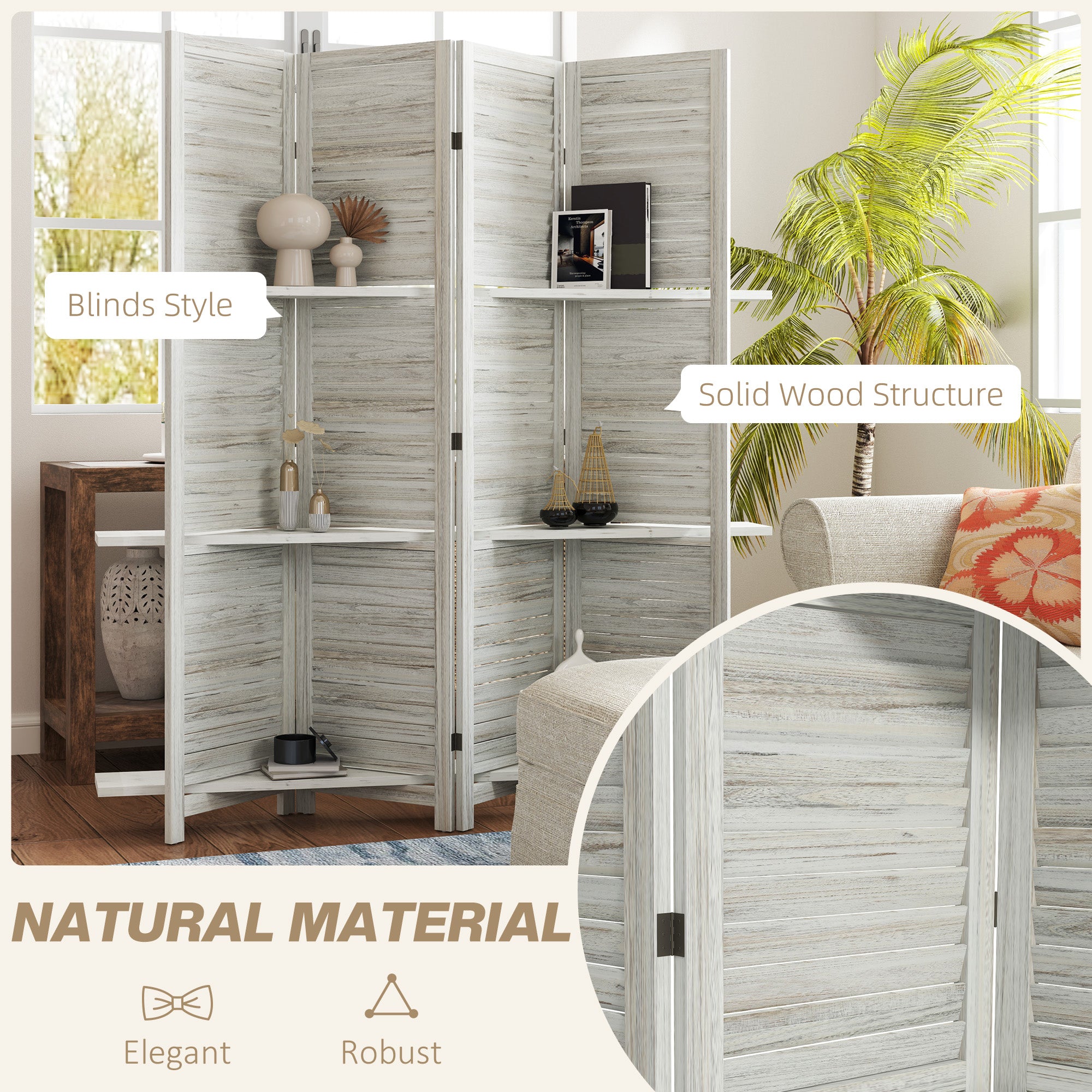 4-Panel Wall Partition Room Separator with 3 Storage Shelves Foldable Design Wooden Frame 5.6FT Distressed White
