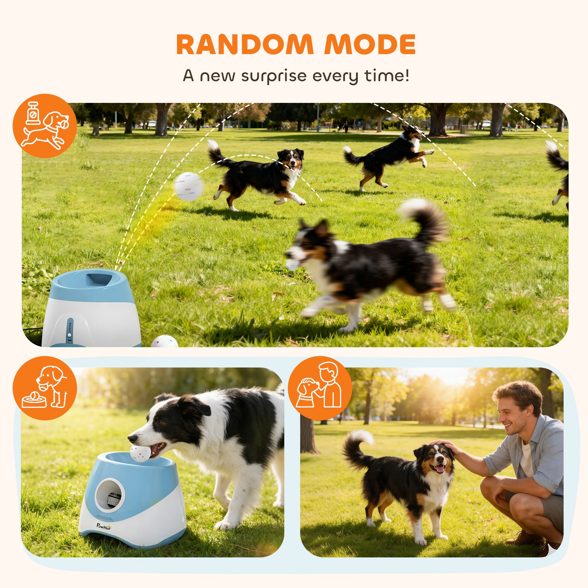 Automatic Dog Ball Launcher with 5 ETPU Balls 2.3", 3 Distance Settings 20ft, 33ft, 46ft, Blue