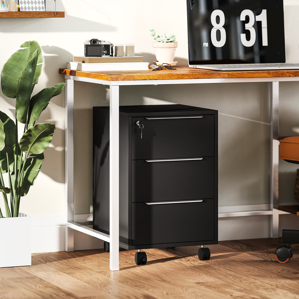 3-Drawer Mobile File Cabinet with Lock - Black 25" Vertical