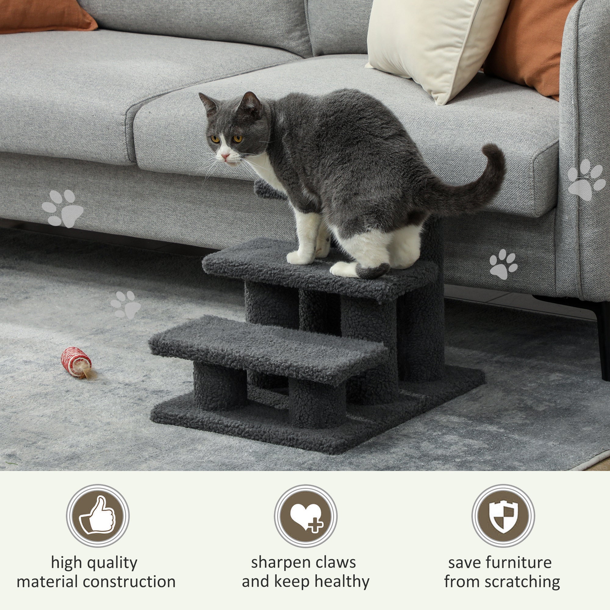 3 Tier Pet Stairs Dog Cat Step Scratch Post Furniture,  Dark Grey