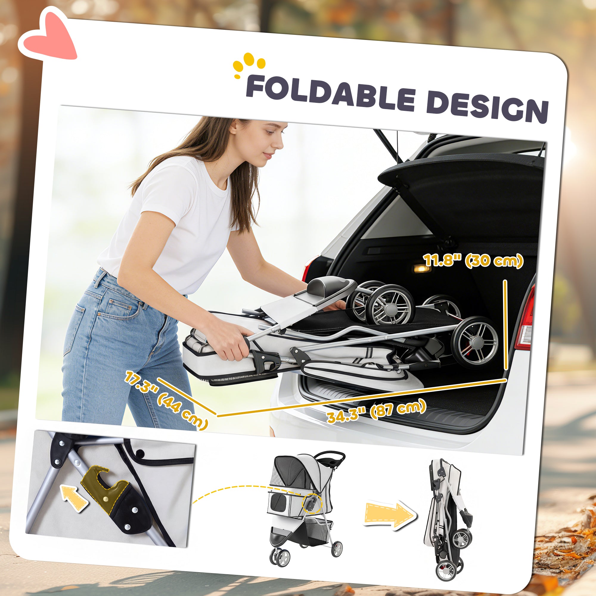 3 Wheels Foldable Dog Stroller with Storage Basket, Adjustable Canopy, Cupholder for Miniature and Small Dogs, Grey