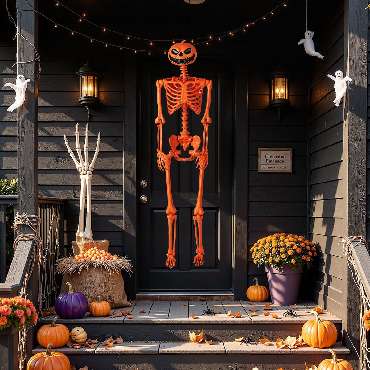5.2 FT Orange Life-Size Poseable Halloween Skeleton with Pumpkin Head and Movable Joints-Halloween-DECOROLALA