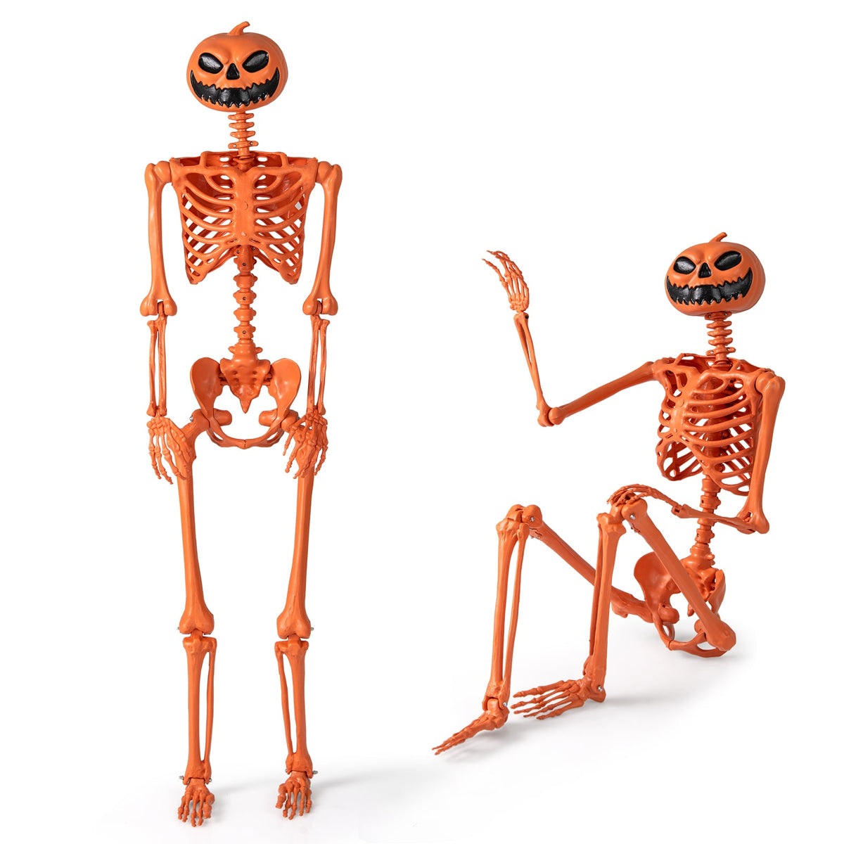 5.2 FT Orange Life-Size Poseable Halloween Skeleton with Pumpkin Head and Movable Joints-Halloween-DECOROLALA