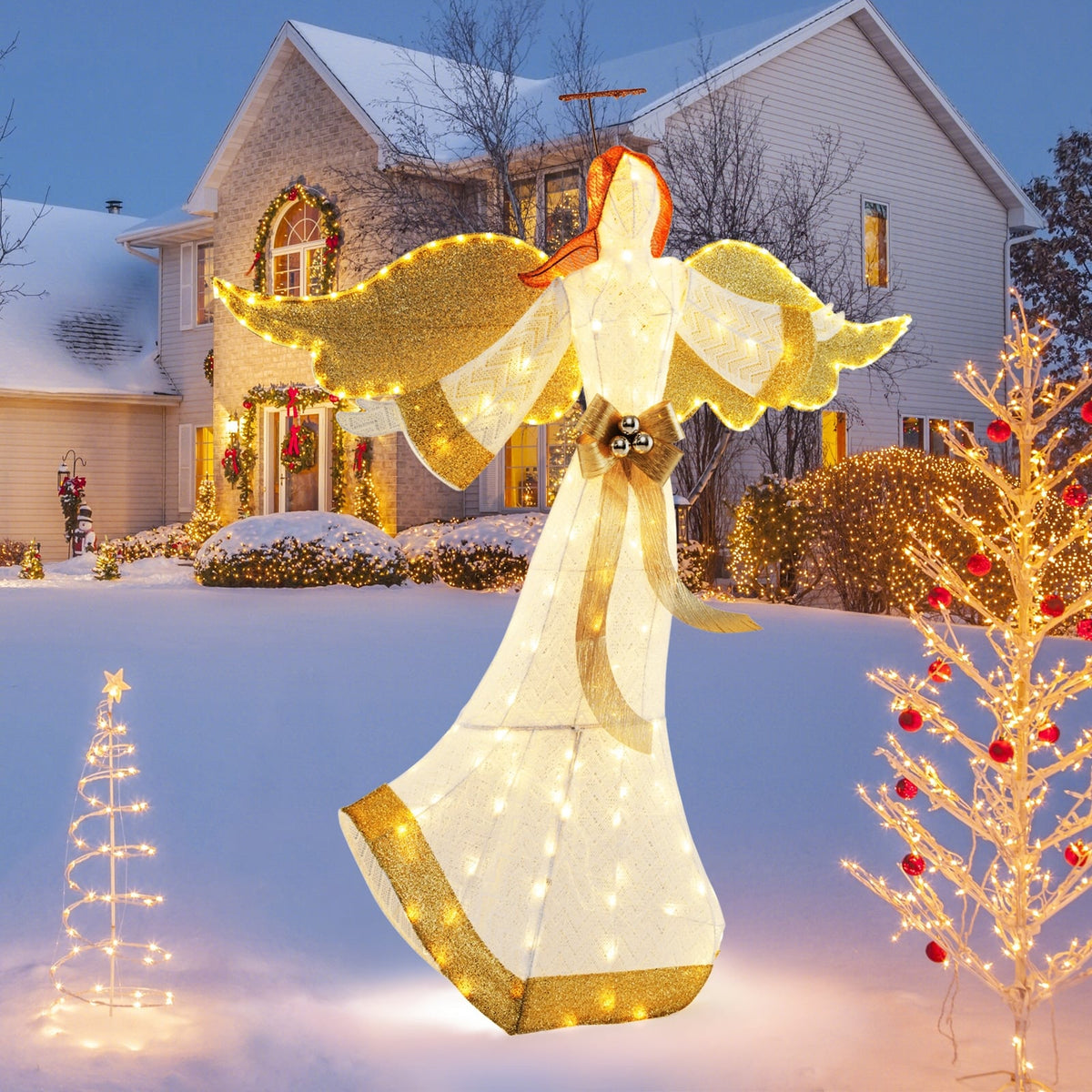 5.2 Feet Christmas Pre-Lit Angel with Halo Wings and 180 Warm White LED Lights-Christmas Decorations & Accessories-DECOROLALA