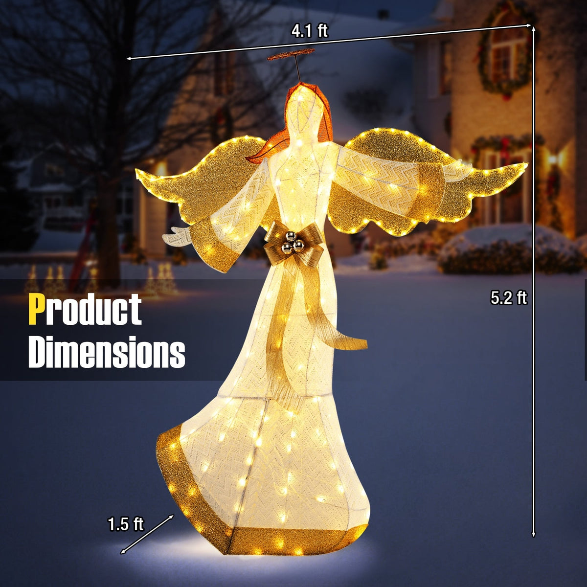 5.2 Feet Christmas Pre-Lit Angel with Halo Wings and 180 Warm White LED Lights-Christmas Decorations & Accessories-DECOROLALA