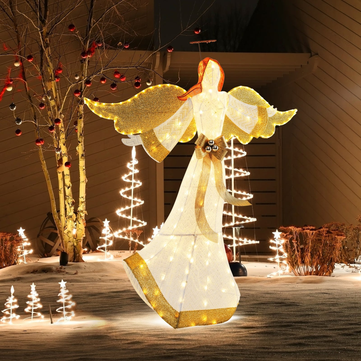 5.2 Feet Christmas Pre-Lit Angel with Halo Wings and 180 Warm White LED Lights-Christmas Decorations & Accessories-DECOROLALA
