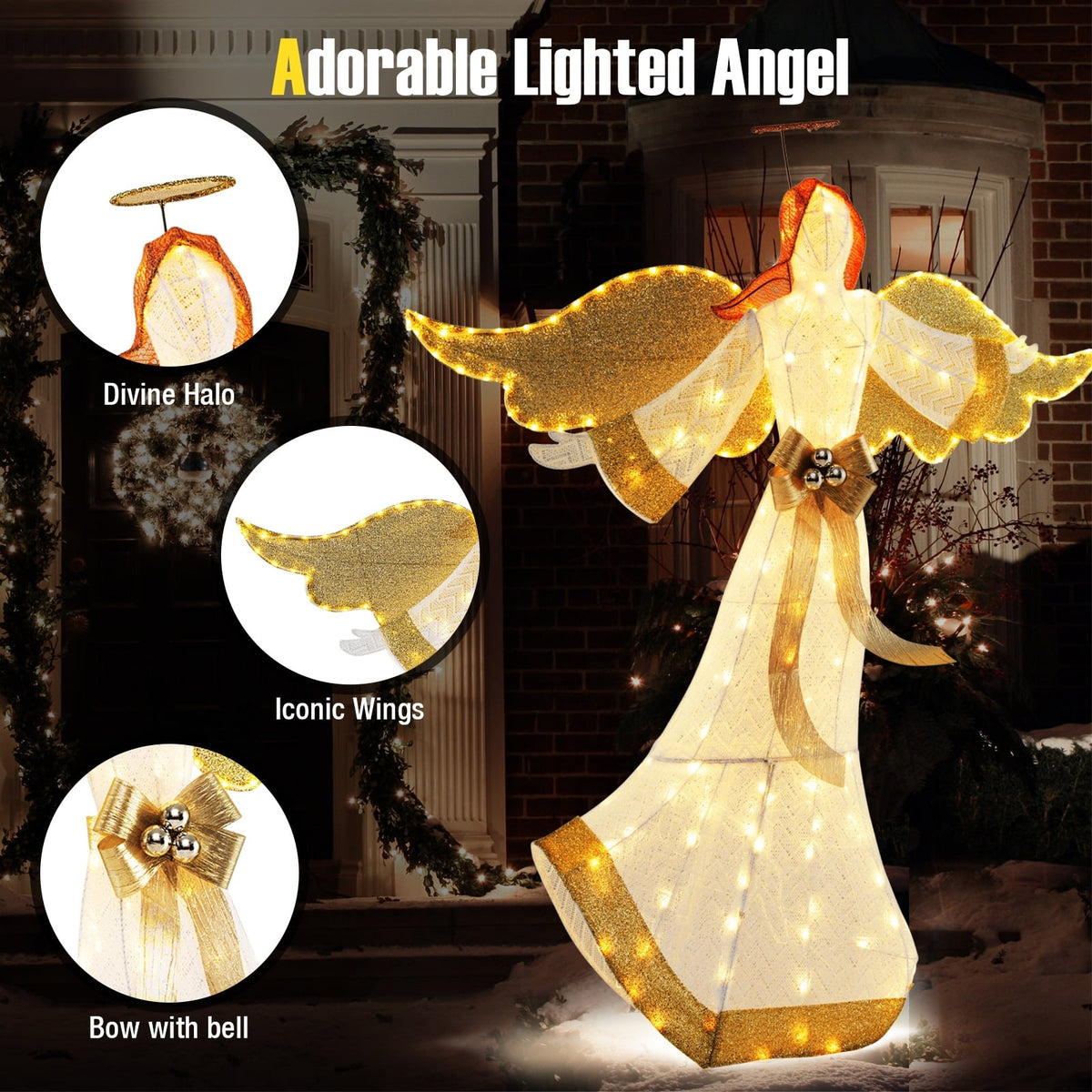 5.2 Feet Christmas Pre-Lit Angel with Halo Wings and 180 Warm White LED Lights-Christmas Decorations & Accessories-DECOROLALA