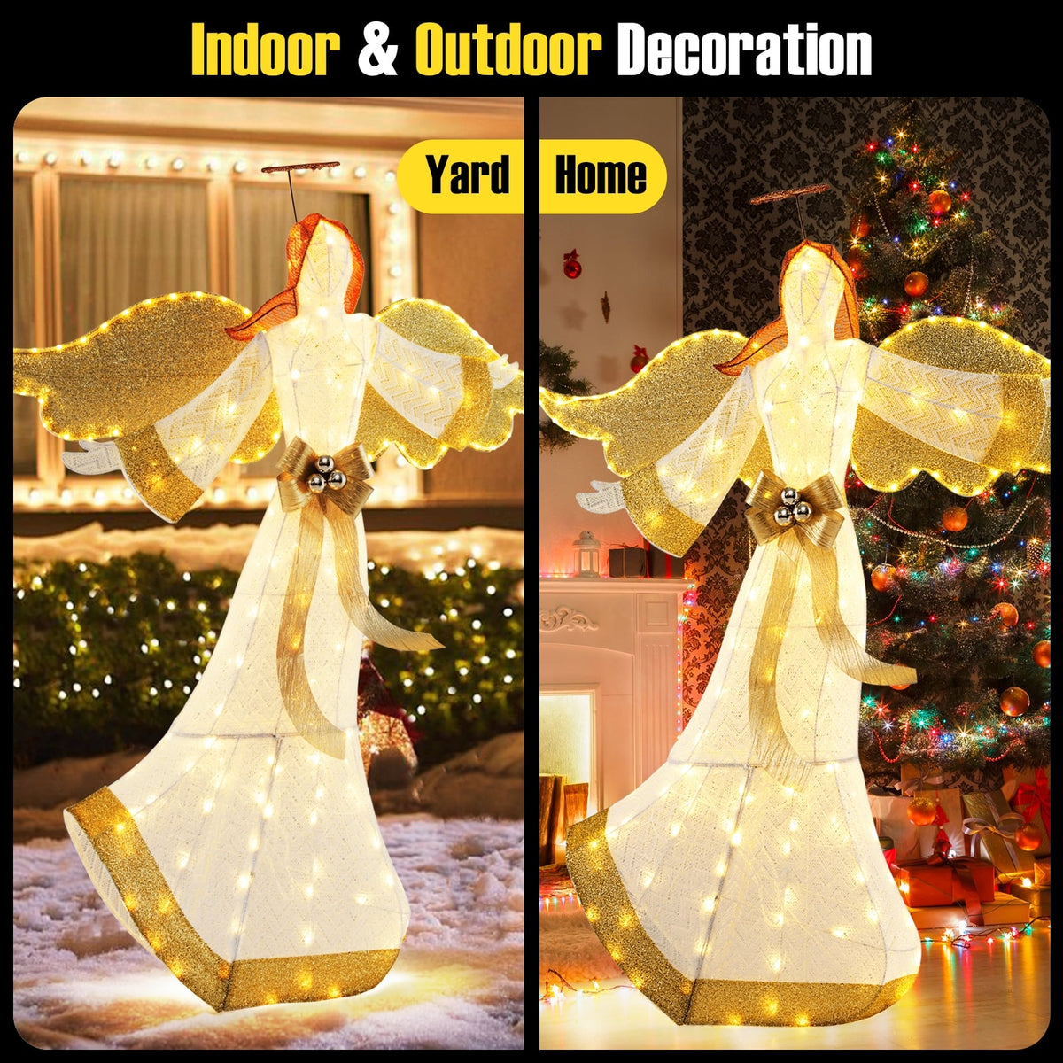 5.2 Feet Christmas Pre-Lit Angel with Halo Wings and 180 Warm White LED Lights-Christmas Decorations & Accessories-DECOROLALA