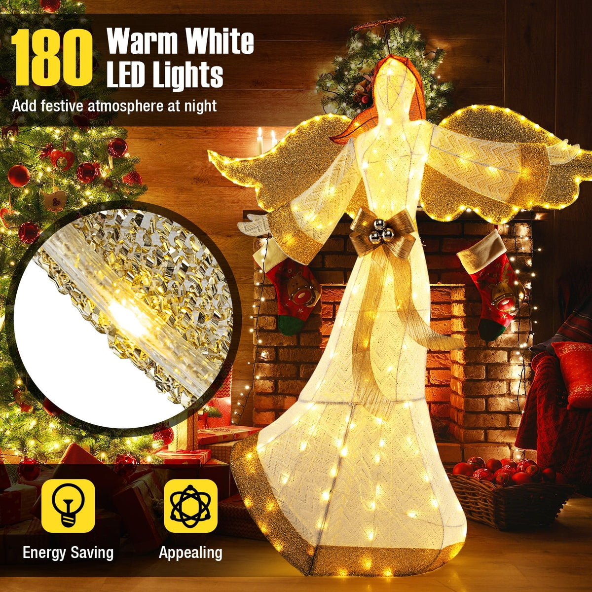 5.2 Feet Christmas Pre-Lit Angel with Halo Wings and 180 Warm White LED Lights-Christmas Decorations & Accessories-DECOROLALA