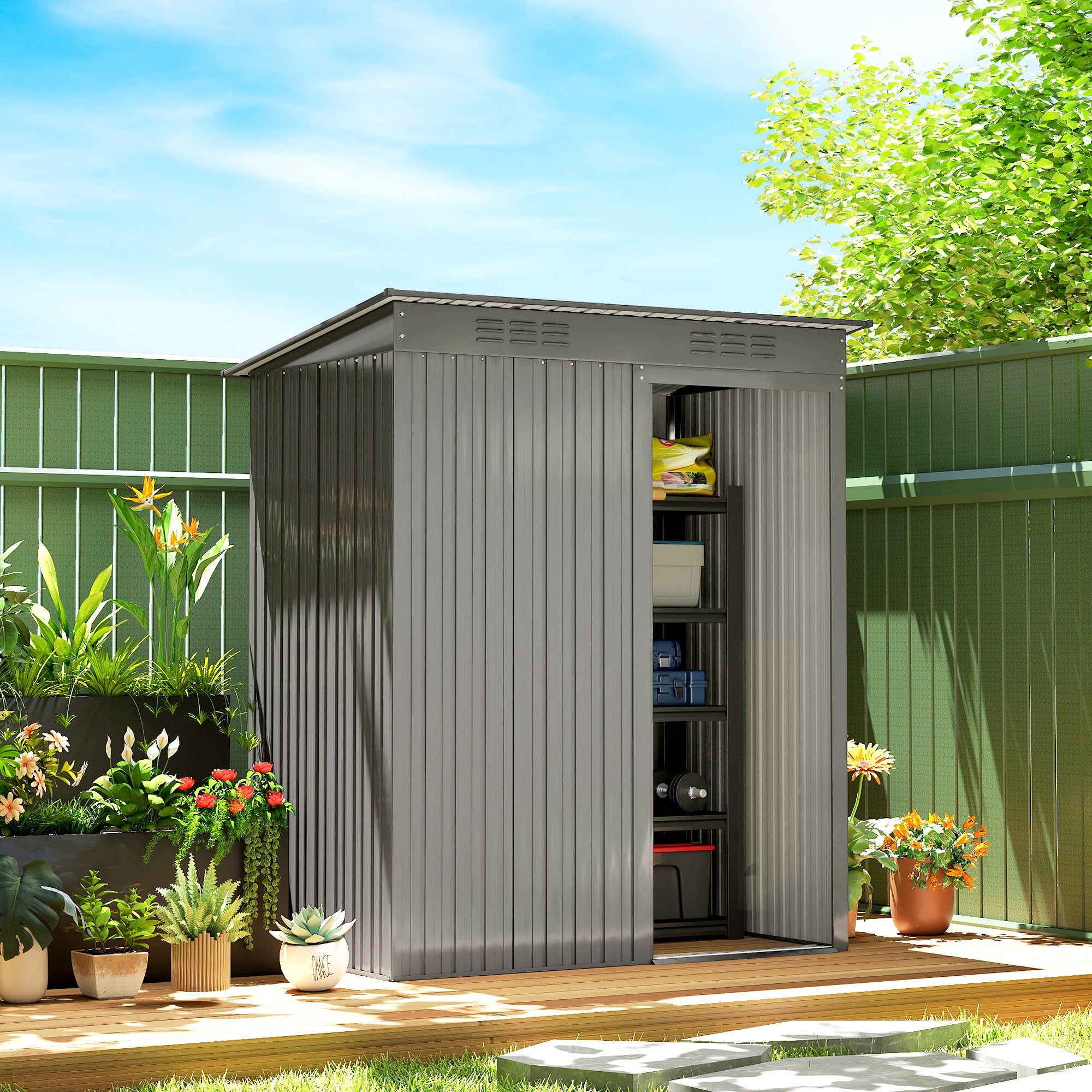 5.2' x 3.5' Metal Outdoor Storage Shed - Light Grey Steel-Patio & Garden > Lawn & Garden > Sheds-DECOROLALA