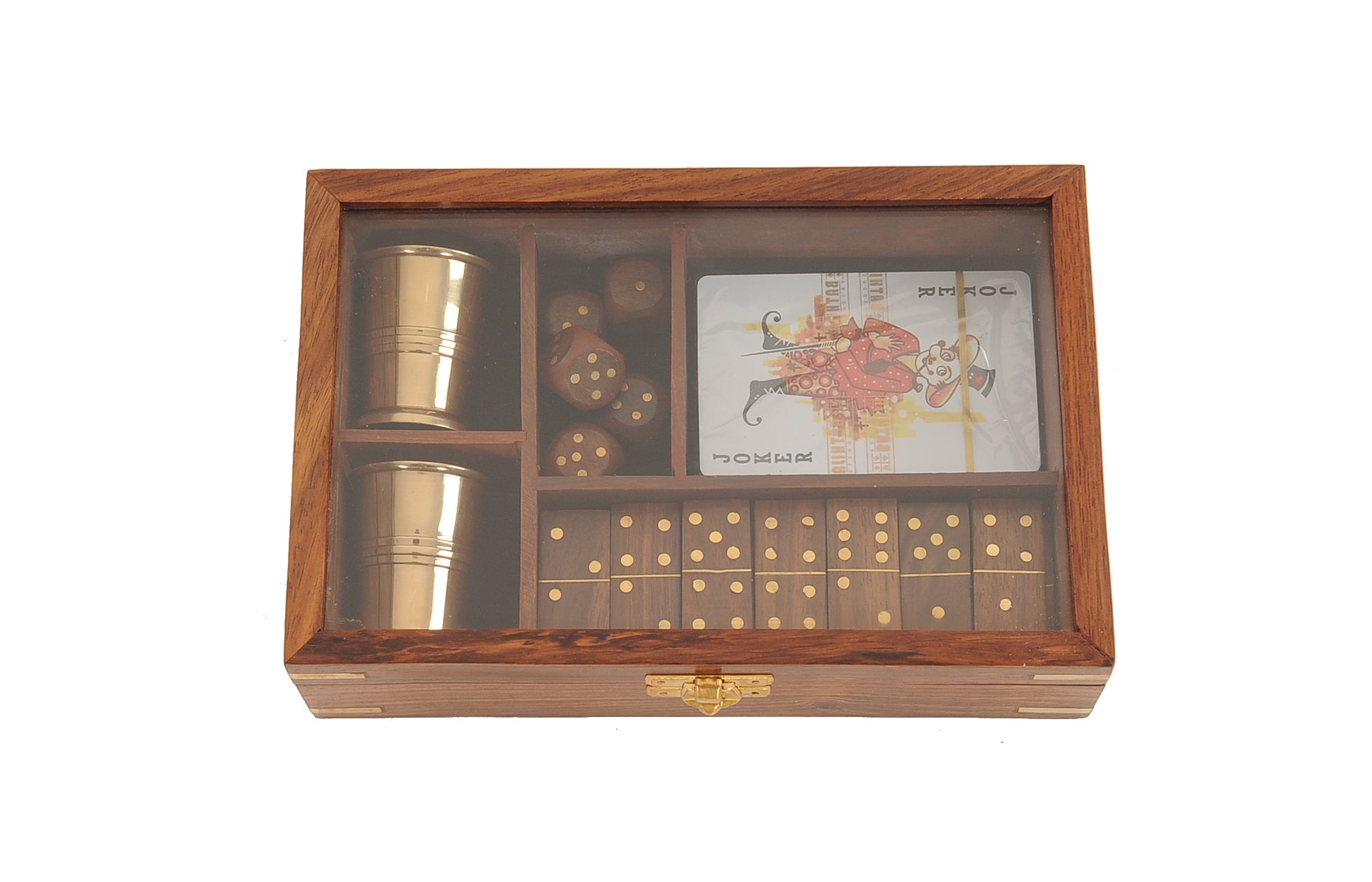 5.25" X 8" X 2.5" Wooden Game Set With Brass Goblet-Sculptures-DECOROLALA