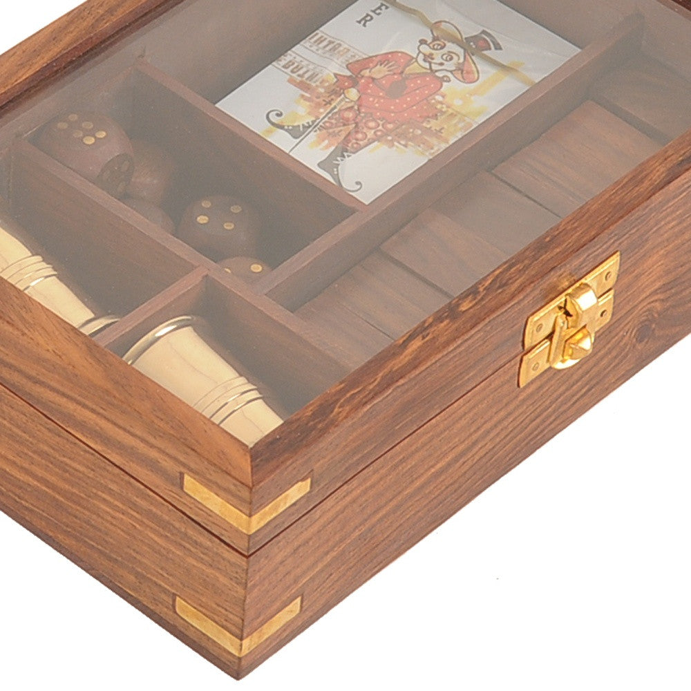 5.25" X 8" X 2.5" Wooden Game Set With Brass Goblet-Sculptures-DECOROLALA