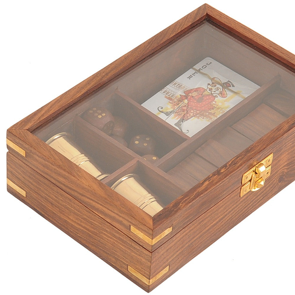 5.25" X 8" X 2.5" Wooden Game Set With Brass Goblet-Sculptures-DECOROLALA