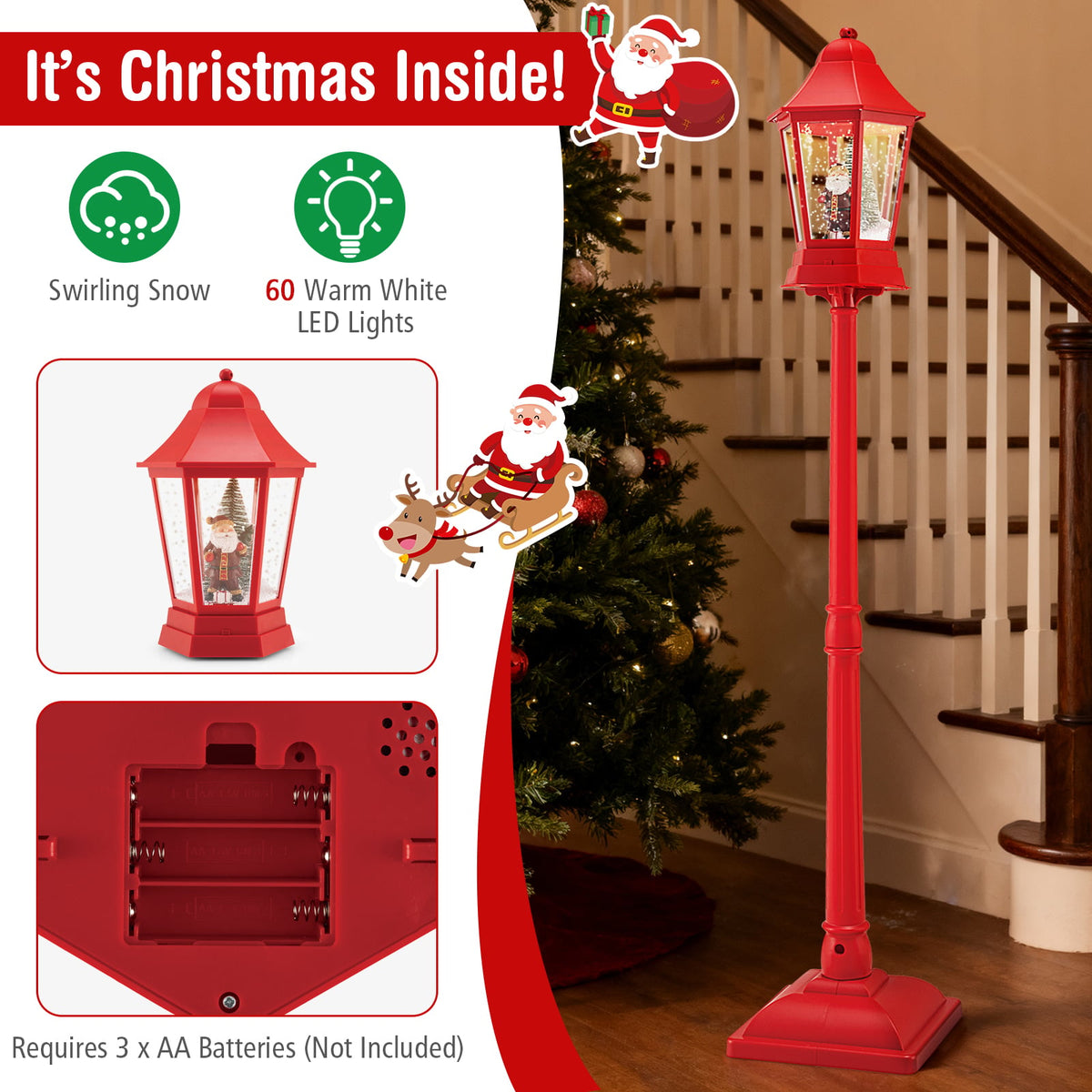 5.3 Feet Musical Christmas Street Lamp with 60 Warm White LED Lights-Red-Christmas Decorations & Accessories-DECOROLALA