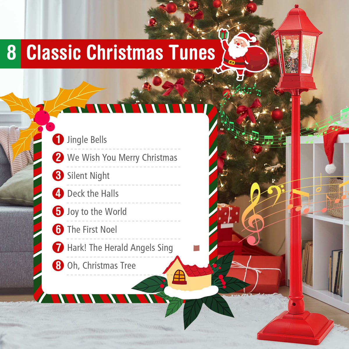 5.3 Feet Musical Christmas Street Lamp with 60 Warm White LED Lights-Red-Christmas Decorations & Accessories-DECOROLALA