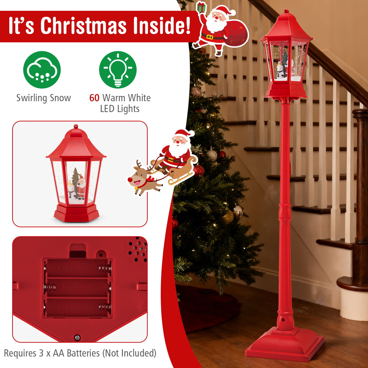 5.3 Feet Musical Christmas Street Lamp with Blowing Snow and LED Lights-Red-Christmas Decorations & Accessories-DECOROLALA