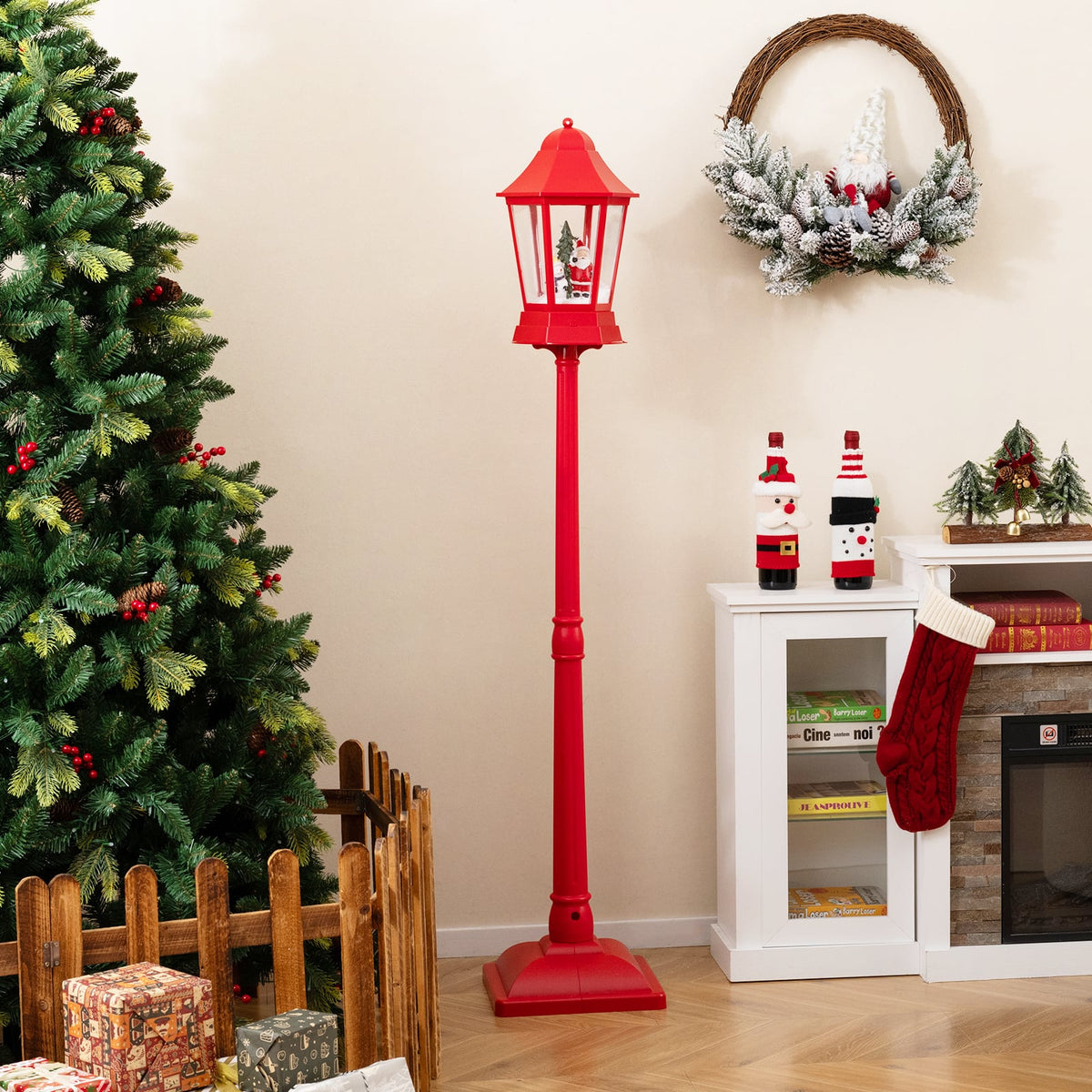 5.3 Feet Musical Christmas Street Lamp with Blowing Snow and LED Lights-Red-Christmas Decorations & Accessories-DECOROLALA