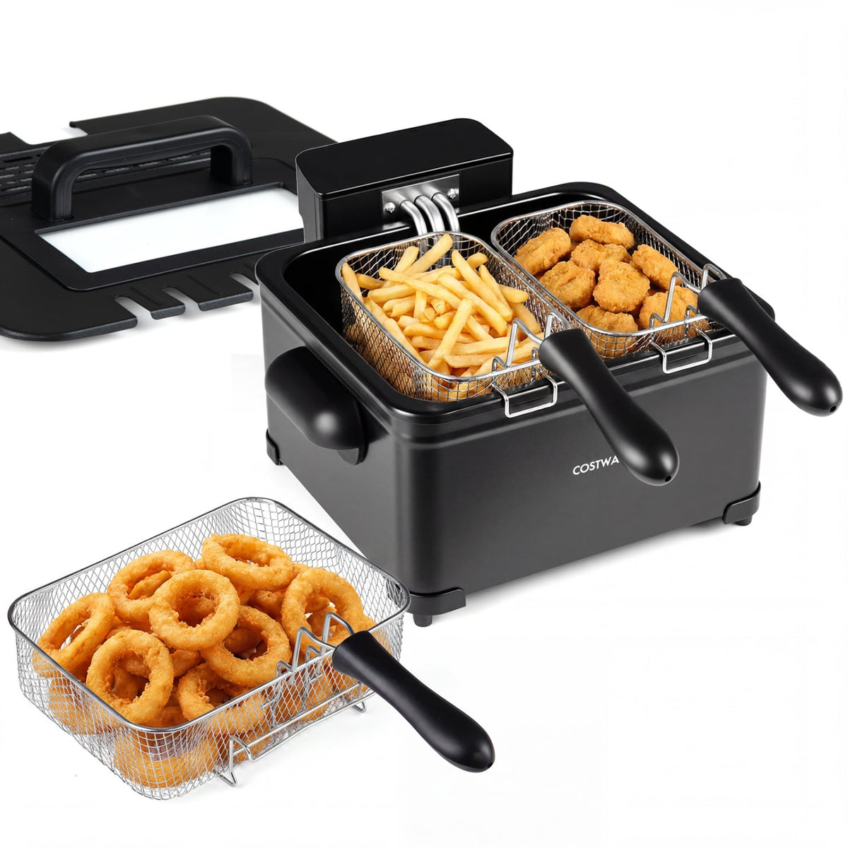 5.3-Qt Electric Deep Fryer with 3 Baskets 1700W LED Touch Screen and 6 Presets-Black-Air Fryers-DECOROLALA
